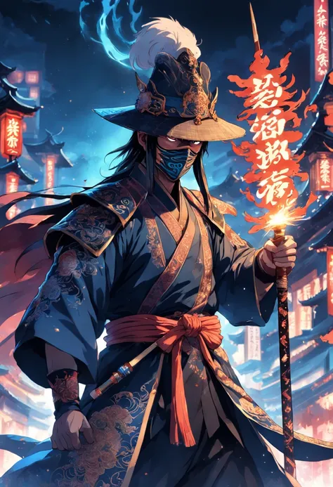 A masked brocade man wearing a hat，Holding a glowing sword，China-style