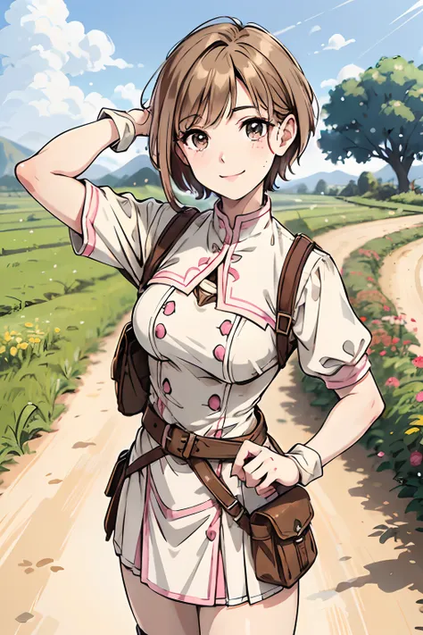 Adventurers Uniform, pink white and brown clothing colours, adult, European face structure, German face structure, 18 years, brown eyes beautiful eyes, short hair, brown blond hair, happy expression, big smile, mid-sized chest, 5.2 feet tall, petite, maste...