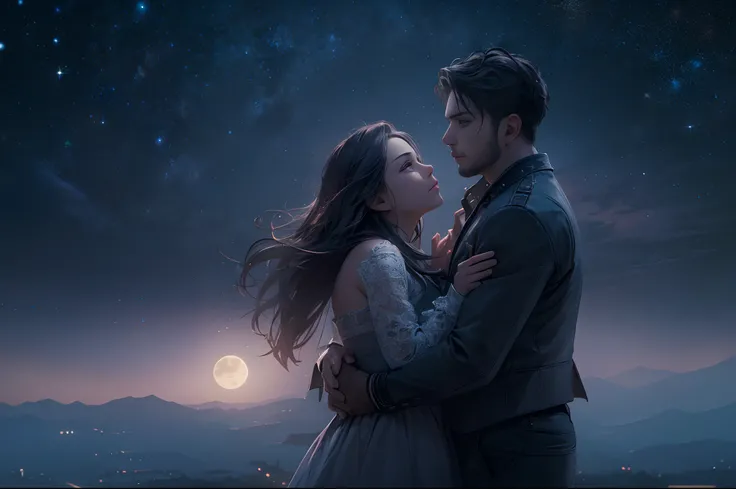 "RAW photo, best,masterpiece, best quality, high quality, extremely detailed,a fantastic photograph of a couple embracing in the moonlight, the landscape is dreamlike, with incredible views, hyper-realistic, intricate details, highly detailed, cinematic st...