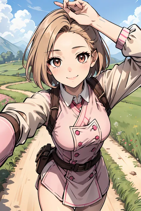 Adventurers Uniform, pink white and brown clothing colours, young adult, European face structure, 18 years, brown eyes beautiful eyes, short hair, brown blond hair, happy expression, big smile, mid-sized chest, 5.2 feet tall, petite, masterpiece, fields ba...