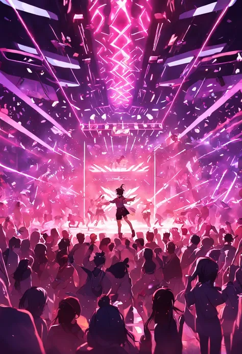 interior scenes，Street dance competition，Nightclub, Dance Floor, (Neon lights:1.3), techno music, High energy,  (Vibrant stage lighting:1.2), Intense atmosphere, (Smoke machine:0.8), (Confetti:0.7), (Visual effects:1.1), (Hands in the air:1.3), (Edm:0.9), ...