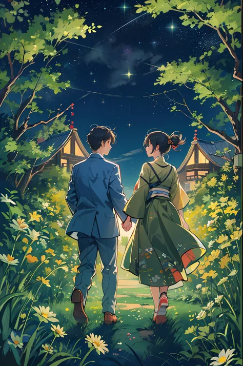 tmasterpiece，best qualityer，Poster promotion，Tanabata Festival event，A couple runs hand in hand on the grass，fresh flowers，Romantic starry sky，Faraway view，wide angles