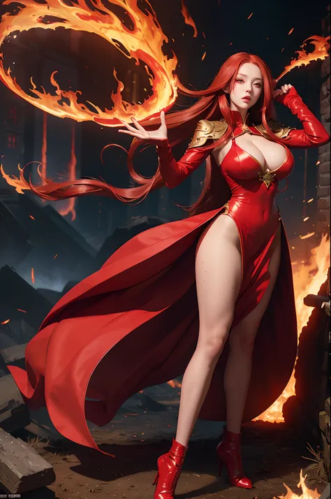 Masterpiece, ultra defined details, Girl, full body, super detailed eyes, long red hair, red eyes, glowing eyes, short red oriental dress, red gloves, serious and annoying expression, perfect anatomy, big breasts, hourglass body, body fire , firepower, sce...