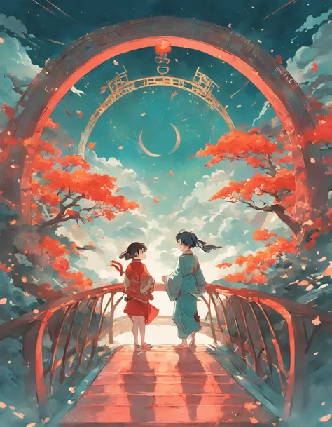 Chinese Ancient Times，A boy and a girl meet on a bridge，Red and blue-green flowers，Cloud arch bridge，the huge moon，ukiyo-style, Guviz-style artwork, Guviz, Alphonse mucha and rossdraws, A beautiful artwork illustration, korean art nouveau anime