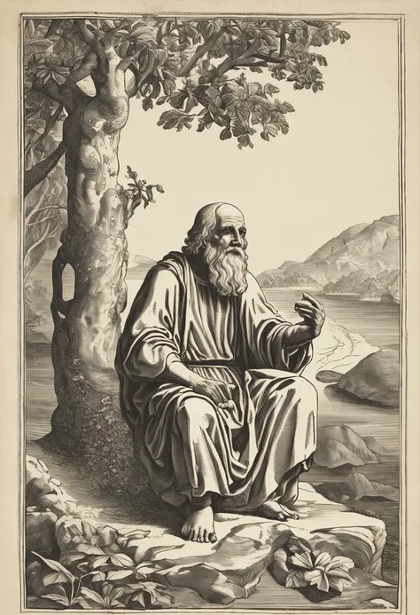 1. Image of Heraclitus contemplating the river with his typical robes of Ancient Greece, in a stunning landscape of a dense forest on the banks of the river.

2. A depiction of Heraclitus sitting on a rock, watching the sunrise in a mountainous setting, wh...