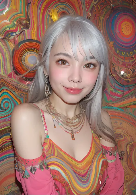 (extra detailed body、extra detailed face、best qualtiy:1.2)、femele、looking at the viewers、(White hair、sixteen years old、a smile、Large shoulder-length piercings、a necklace、hippy)、(Psychedelic wall on background:1.4)