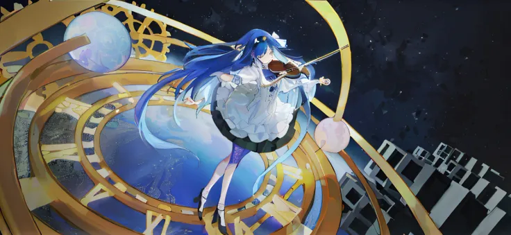 Blue hair Wearing white skirt Girl Universe and Earth Stand on the time plate and play the violin