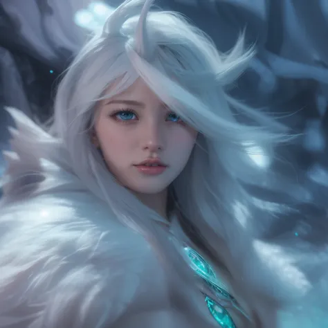 close up de um anime realista de uma mulher druida de gelo, guia pela montanha, estilo fantasia, dynamic lighting, tempo frio