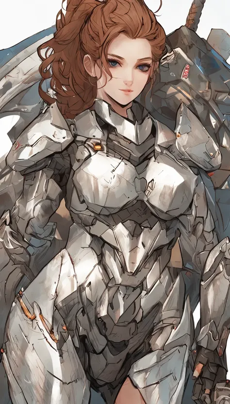 Game standing drawing，Plate armor heavy fighter，Stand with a sword，femele，The ponytail is fluttery and messy，Heroic，Full body like，The face is clear and accurate，detail in face，super-fine，16K resolution，high qulity，电影灯光，High picture detail，dynamic viewing ...