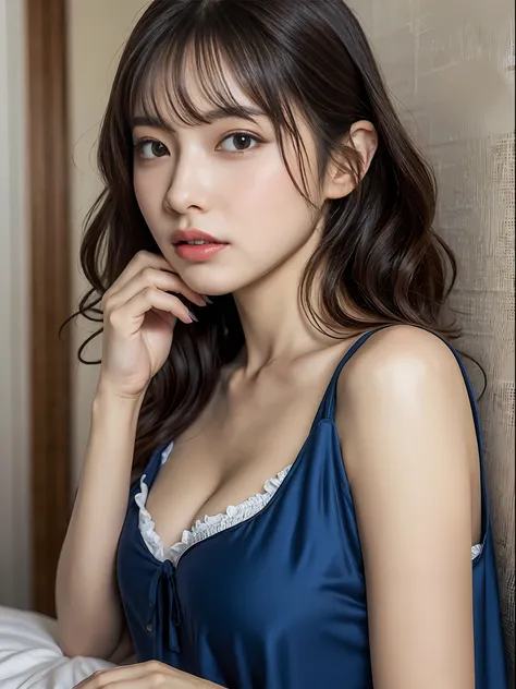 Highly detailed CG Unity 8k wallpaper, With the highest quality, super detailed, ​master piece, Realistic, photos realistic, extremely detailed cute girl, 25 years old, (Blue Nightgown),  (blush) , Round eyes, Large breasts, looking viewer, Half body shot ...