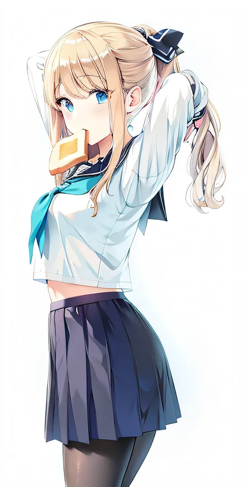 Anime girl in skirt and shirt，Sandwich in hand, Blonde anime girl with long hair, Beautiful Anime High School Girls, Anime girl with long hair, Kantai collection style, anime visual of a cute girl, up of young anime girl, (Anime girl), Anime girl, Cute ani...