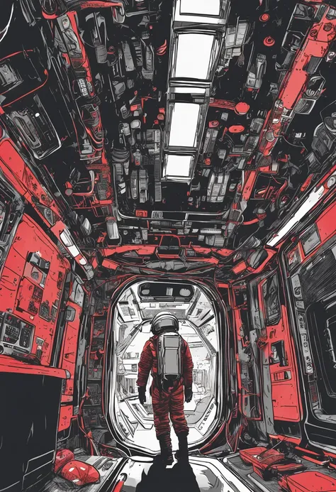 Space capsule，looki at viewer，Realiy，A man in a black skinny leather suit wearing a futuristic helmet，cowboy lens，（fish eye），Cramped and dirty room，clothes details，Japans old red light district，（（（）），（（natta）），