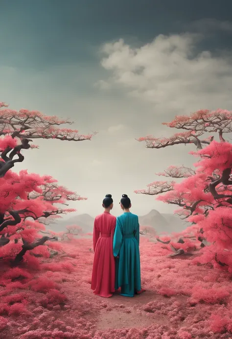 in a Vast Tranquil Landscape, by Scarlett Hooft Graafland, in a Tranquil Landscape, Sergei Zabelin, by Fei Danxu, photo shoot, hyper realisitc, autumnal, chinese surrealism, Hyper-realistic、Ink painting style incorporating Chinese aesthetics。