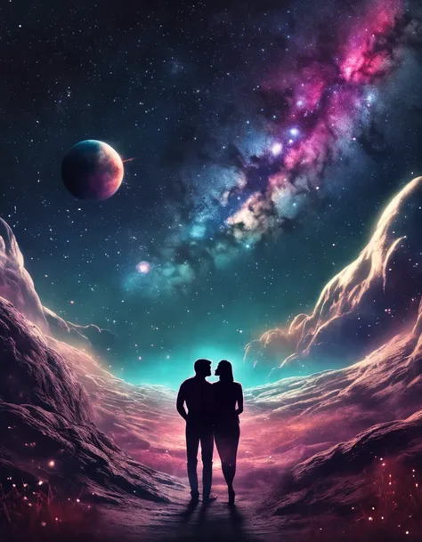 space, milky way, galaxy, stars, happy couple, holding hands, kissing，fantasy art