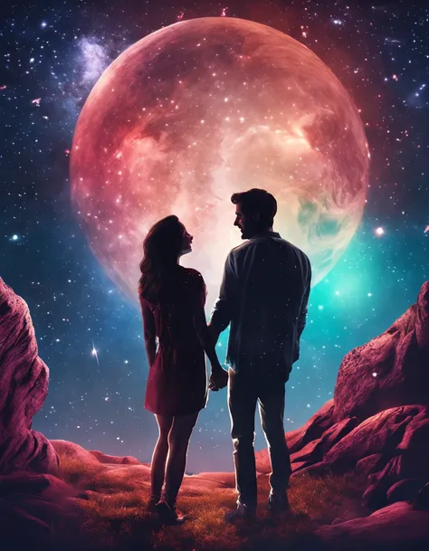 space, milky way, galaxy, stars, happy couple, holding hands, kissing，fantasy art