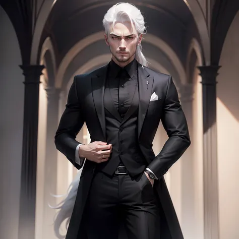 Dressed in a straight black suit，Handsome features，red pupils，Noble temperament，The white hair is tied into a wolfs tail，Clasp your hands together on your abdomen，Dressed as a bodyguard。