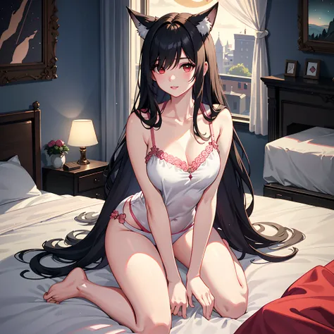 Real, 1girl, hair over one eye, parted lips, blush, makeup, light smile, pajamas, glow, thighs, red eyes, collarbone, narrow waist, sitting, kneeling, on all fours, bedroom, window, moon, side, (masterpiece), television, wallpaper, moonlight, underwear,, b...