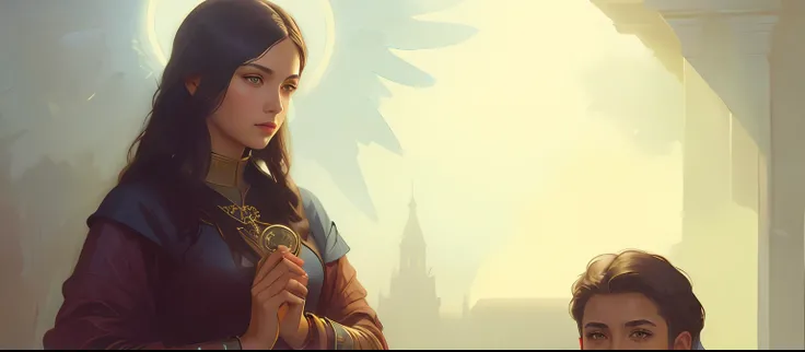 There is a painting of a woman holding a rosary and a man, Alena Aenami e Artgerm, Artgerm e Tom Bagshaw, Arte no estilo de Guweiz, tom bagshaw weta studio, Yuri Shwedoff e Tom Bagshaw, Artgerm e William Bouguereau, Tom Bagshaw Estilo de Arte, Wojtek FUS