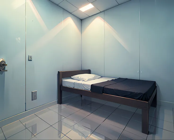 There is a bed in a room with a white wall, Claustrophobic room, in a small prison cell, prison cell, interior de uma pequena sala, Sterile minimalist room, Futuristic room, interior de um pequeno, dentro da sala branca, fundo futurista do quarto, in a pri...