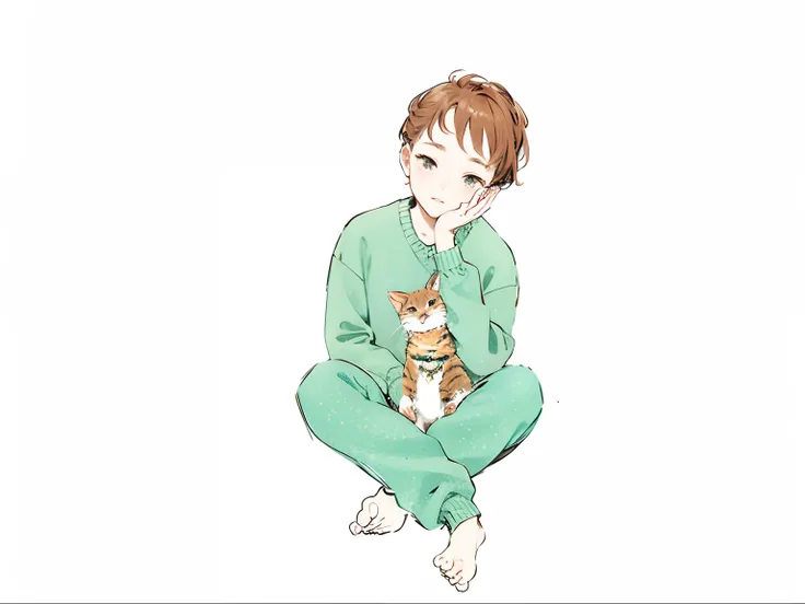 Man in casual fashion holding a cat、in her 20s、Carrying a small cat on your lap、Holding a kitten、With a cheek cane。