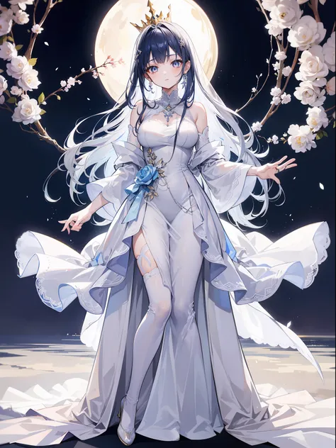 1girl, 164 cm height, tall girl, charismatic, 18 years old, navy colored hair, very long hair, pretty, white silver eyes, glowing eyes, white long bride clothes, long clothes, longs skirt ,diamond pendant, standing, light crown