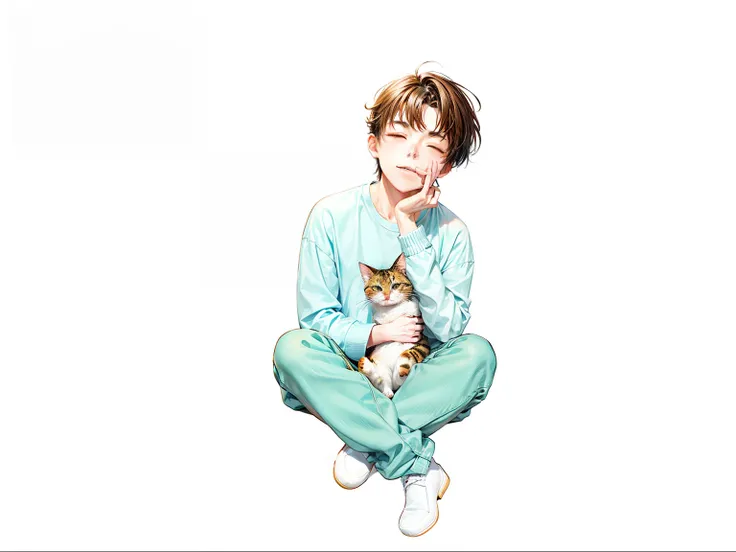 Man holding a cat、in her 20s、Wearing a white t-shirt and jeans、Holding a small cat on your lap、Holding a kitten、With a cheek cane。