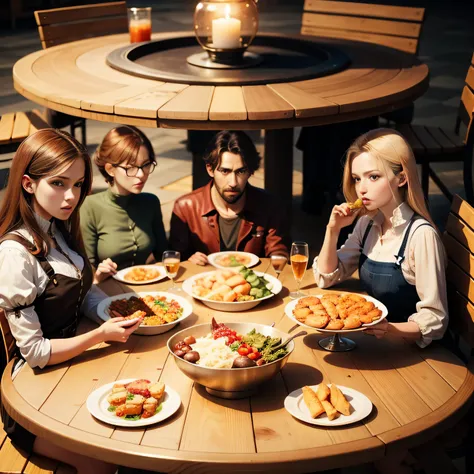 5 people，Everybody，Sit around the round table and eat