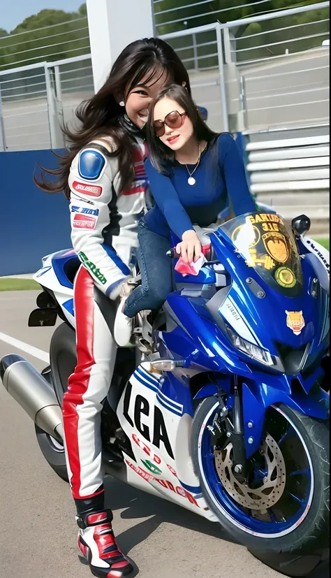 The highest image quality、Exceptional detail、超A high resolution、(Realstic:1.4)、high-detail、Favor the details、Highly condensed 1girl、Longhaire、delicate and beautiful face、Dressed in a white leather racing suit、Racing on a black motorcycle、The background is ...