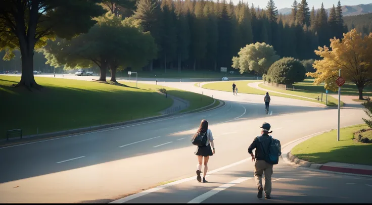 A roadside park with people walking inside the park and on the road