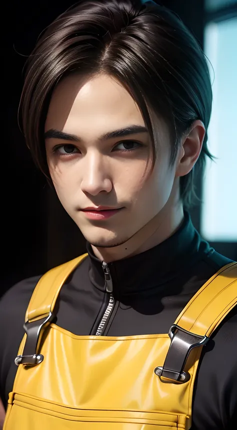 ((Men only)), (head shot), (face only), (look straight), (handsome muscular man in his 20s), ((wearing yellow overalls)), (Leon Kennedy), (Mischievous smile), (detaile: 1 in 1), Natural muscles, HIG quality, beautidful eyes, (Detailed face and eyes), (Face...