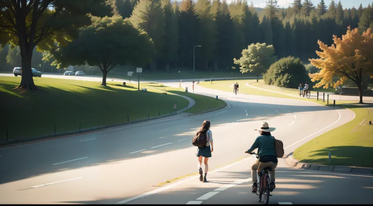 A roadside park with people walking inside the park and on the road