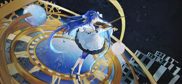 Blue hair Wearing white skirt Girl Universe and Earth Stand on the time plate and play the violin