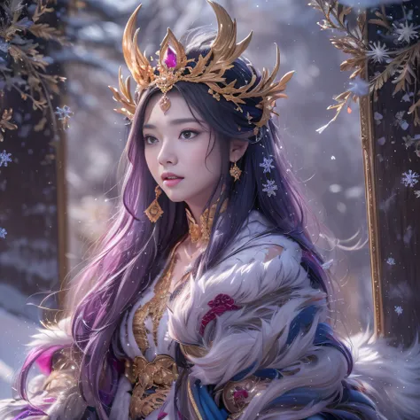 32K（tmasterpiece，k hd，hyper HD，32K）Purple-pink flowing hair，Gold jewelry area in the back room，King Girl ，Rusty copper dragon protector （realisticlying：1.4），Python pattern robe，Purple-pink tiara，Snowflakes fluttering，The background is pure，Hold your head h...