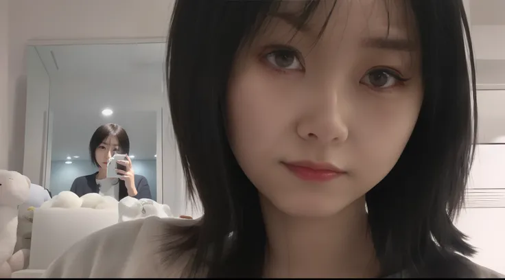 there is a woman that is taking a selfie in a mirror, with small nose, nomake-up, chiho, kotegawa yui, sui ishida with black hair, Yoshitomo Nara, sui ishida, girl cute-fine face, brunette color hair, shiori teshirogi, She is facing the camera