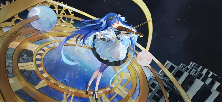 Blue hair Wearing white skirt Girl Universe and Earth Stand on the time plate and play the violin