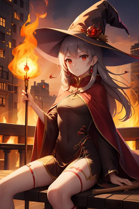 female mages, fire element, petite, no wear, torn red and silver silk cheongsam, witch hat, sit on a floating broom, staff with ruby, burning cape, long web stocking, gasp facial express, bitch tattoo, best lighting, above city background, half demon