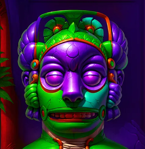 （red colour:0.2），（green color:0.5），（purpleish color:0.5），mayan statue，hawaiian style，gameicon，highest masterpiece，high qulity