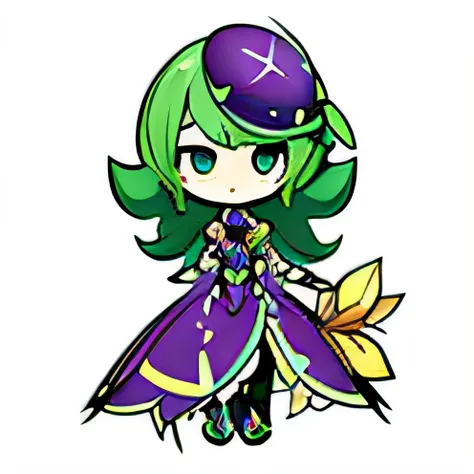 Cartoon image of a girl with green hair in a purple dress, forest dryad, cute forest creature, character art of maple story, tchibi, discord pfp, Dryad, chibi monster girl, ent treant dryad, forest fae, snake skin armor forest dryad, beautiful elegant drya...