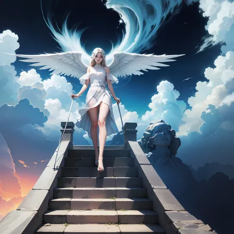 arafed stairway leading to a sky with a white angel on top, digital art inspired by Johan Jongkind, trending on pixabay, digital art, stairway to heaven, descending from the heavens, stairs from hell to heaven, she is arriving heaven, gates of heaven, she ...