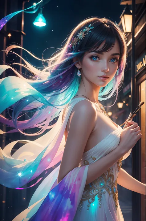 A captivating visually stunning woman in a busy night standing  in a high street shoping district with vibrant lights emerges from the pages of a watercolor painting, breathtaking beautiful face , her vibrant and intricate colors breathing life into the ar...