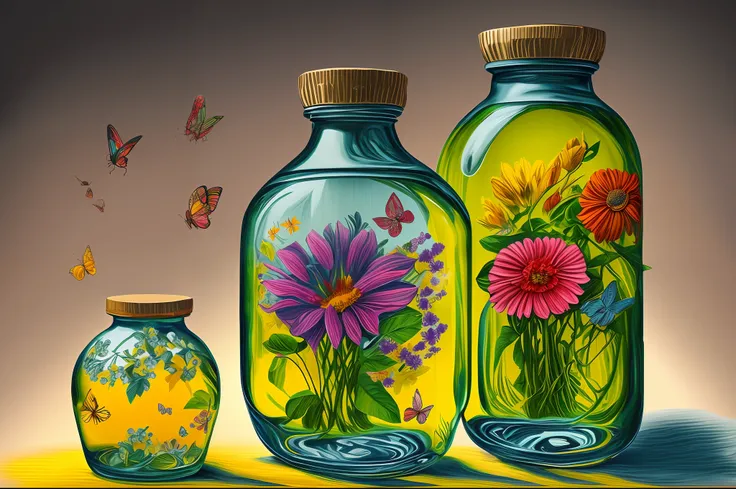 ((art in glass bottle)), drawing of beautiful flowers and butterflies in the bottle, vivid colours, bottle art, masterpiece, UHD, 32k --auto --s2