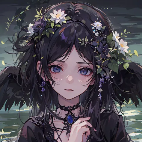 Best quality at best，Masterpiece a girl，Black clothes，contempt eyes，Fallen Angel，lake water，darkly，Smoky eyes，gloomily，Green flower hair accessories，Black hair