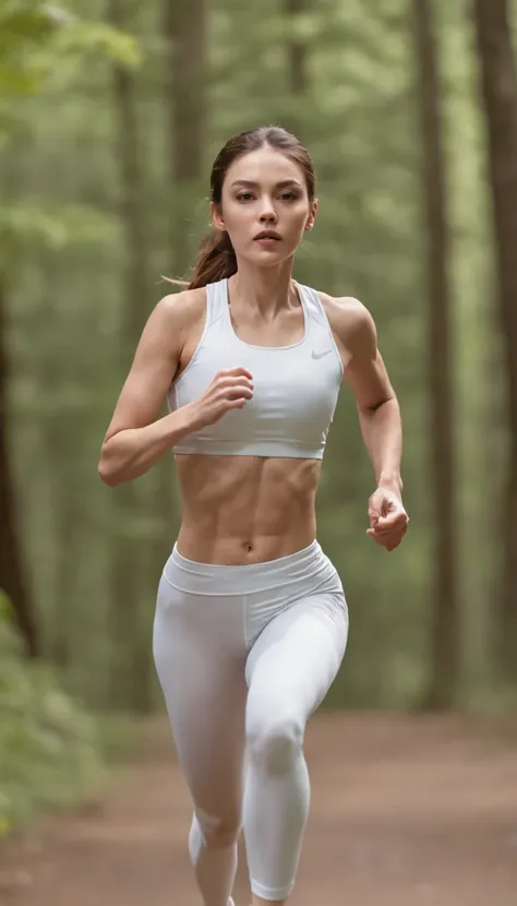 Woman running along a forest trail in white sportswear, Free running, The girl runs, The girl runs, running pose, Dynamic Active Running Pose, athletic fashion photography, Sequence of execution, Fit woman, in white tights, people running, white pantyhose,...