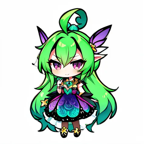 Cartoon drawing of a girl with green hair and a purple dress, character art of maple story, chibi monster girl, tchibi, water color nendoroid, elf girl wearing an flower suit, style as nendoroid, official character art, sprite 2 d, pixie character, Chibi A...