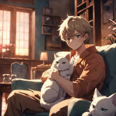 ​masterpiece、top-quality、Movie stills、Man sitting on sofa、male in his 20s、Gentle smiling man、Kitten on his lap、Little cat curled up on his lap、Bokeh background