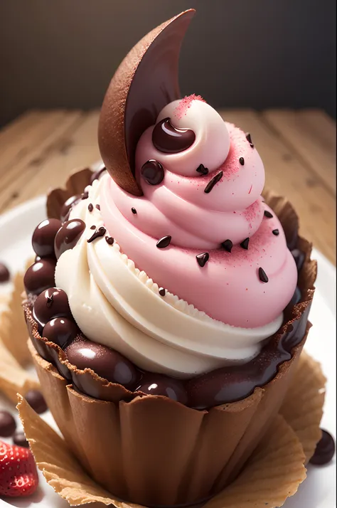 delicious strawberry ice cream in a crispy cone covered with chocolate, realistic and detailed image