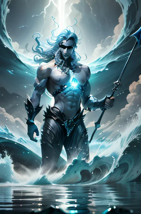 4k realism, (water element, humanoid body made of water: 1.2) sapphire aesthetic, full body, sky background, fantasy art, made of water, body of water, monster, male, male element, masculine, double exposure of otherworldly seascape, fused with the image o...