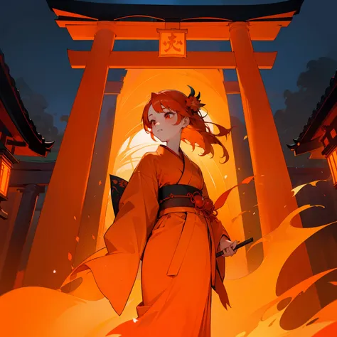 (Beautifully Aesthetic:1.2)、(1girl in:1.3)、(Orange and red colorful hair:1.2)、Wearing orange and red colorful kimono、winter cherry、shrines、natta、torii gate、Mystical、Demon lantern flower、Demon Lantern Fire