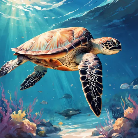 sea turtle　sea surface　illustratio　２D