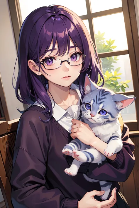 Man holding cute kitten、twinks、serene expressions、eyeglasses, purple hair